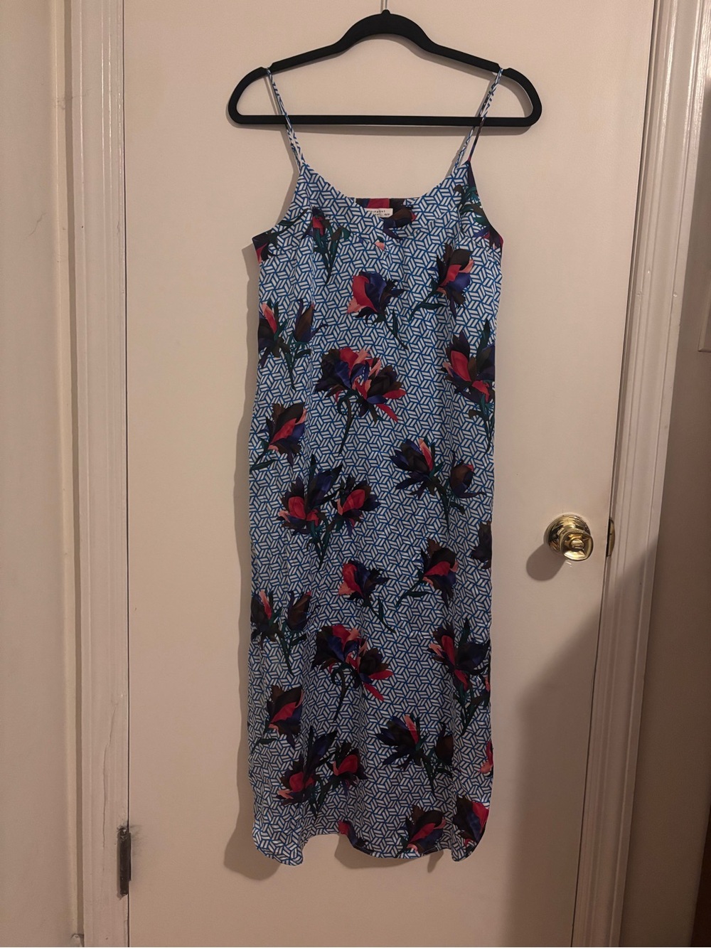 Equipment Blue & White Multi Floral Midi Silk Slip Dress with Pink Accents